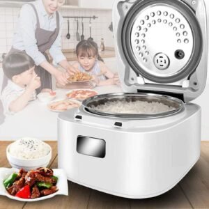 Rice cooker with prepared meal nearby